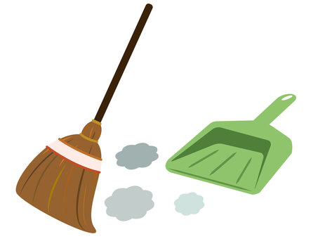 A cartoon-style brown broom with a wooden handle and green dustpan, surrounded by gray dust clouds.