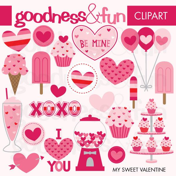 Pink Valentine’s Day clipart set with hearts, cupcakes, balloons, popsicles, and “XOXO” text in playful romantic style.