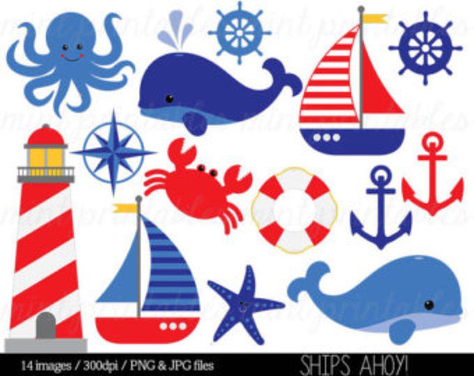 Nautical clipart set featuring whales, octopus, lighthouse, sailboats, anchor, crab, starfish, lifebuoy, compass, and ship wheel in blue, red, and white.