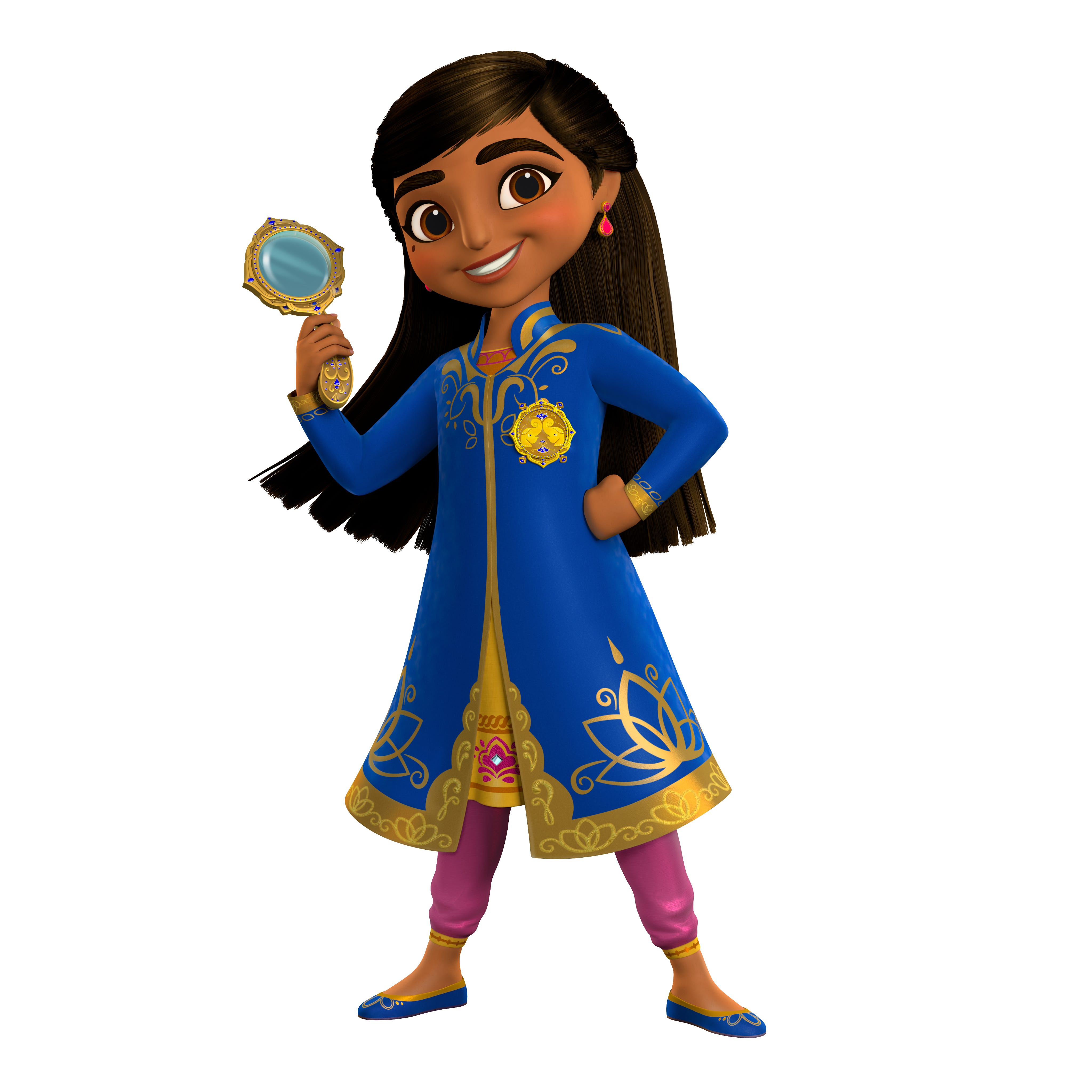 Mira, Royal Detective, a young South Asian girl in a blue and gold outfit holding an ornate hand mirror.