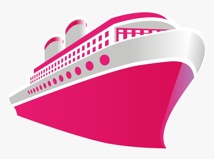 Stylized pink and white cruise ship illustration with three smokestacks and portholes.