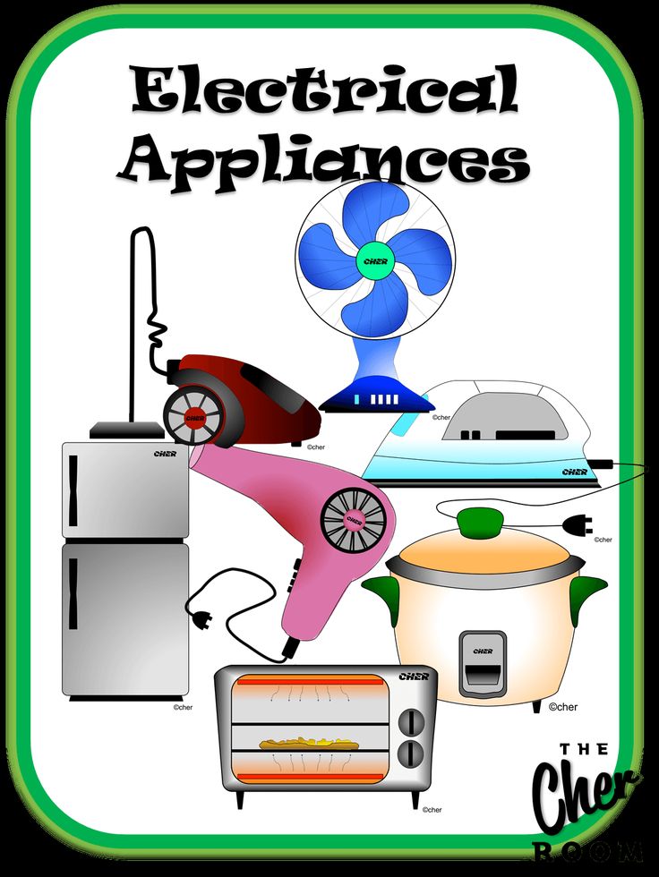 Illustration of common household electrical appliances including fridge, fan, hairdryer, iron, rice cooker, and toaster oven.