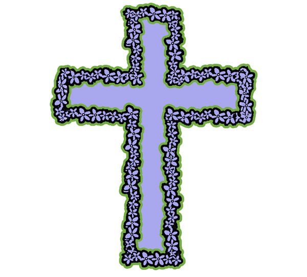 Purple Christian cross with delicate violet floral border and green outline, stylized decorative religious symbol.