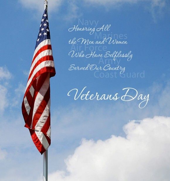 American flag waving against a blue sky with Veterans Day tribute text honoring U.S. military branches.