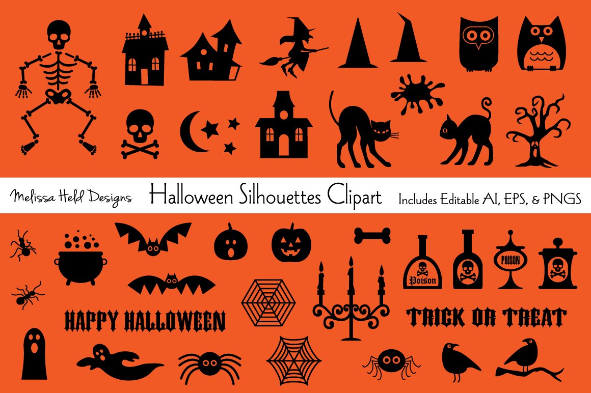 Halloween silhouette clipart set featuring skeletons, witches, pumpkins, ghosts, spiders, haunted houses, and festive text like "Trick or Treat".