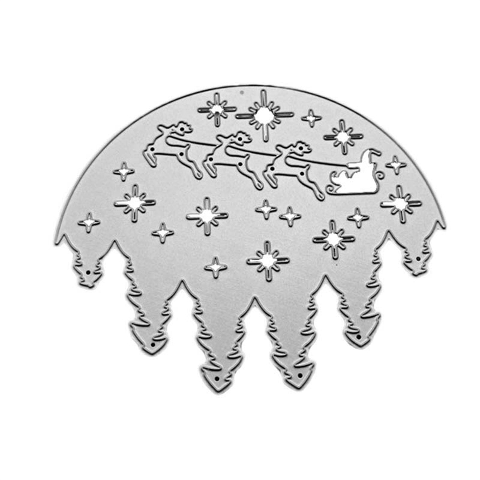 Metal die-cut stencil featuring Santa’s sleigh, reindeer, stars, and pine trees in a festive arched design.