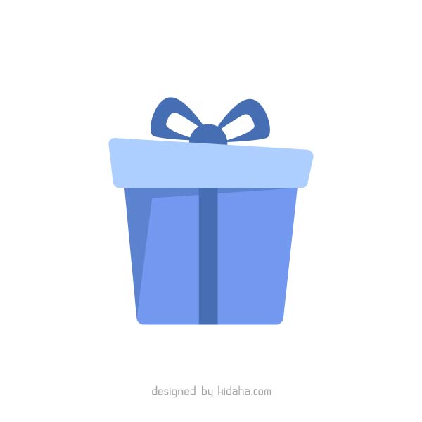 Blue gift box with ribbon bow, flat design illustration