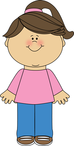 Cartoon girl with brown hair in a ponytail, wearing pink shirt, blue pants, and brown shoes.