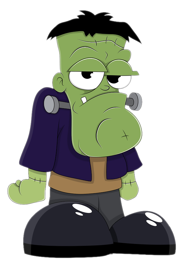 Cartoon Frankenstein monster with green skin, black hair, bolts on neck, wearing purple jacket and oversized shoes.