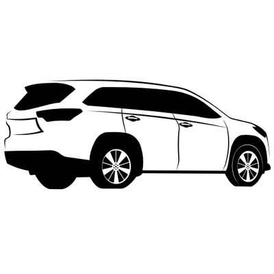 Black-and-white side-view silhouette of a modern SUV with five doors and alloy wheels.