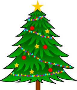 Decorated green Christmas tree with colorful lights, red ornaments, yellow stars, and a golden star topper.
