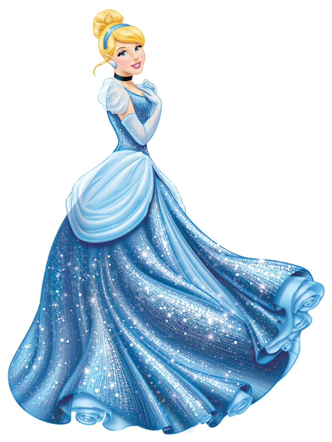 Cinderella in her iconic sparkling blue ball gown with puffed sleeves and elegant updo, smiling gracefully.