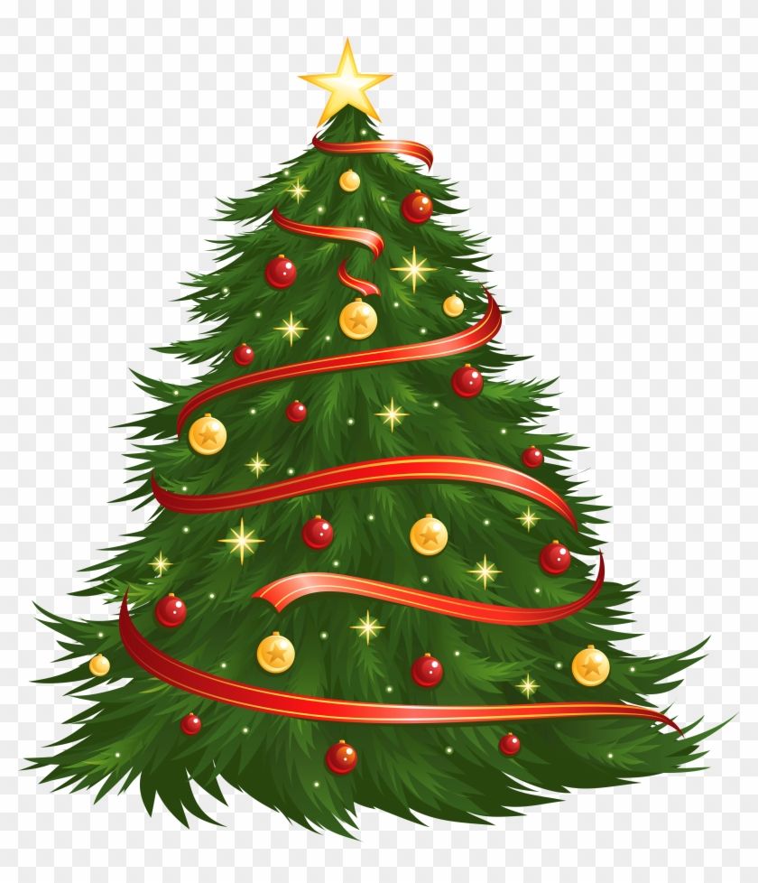 Decorated green Christmas tree with red ribbons, gold and red ornaments, and a star on top.