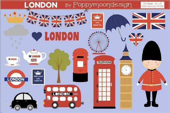 Colorful illustrated London icons including Big Ben, red bus, telephone box, Union Jack, and Beefeater guard.