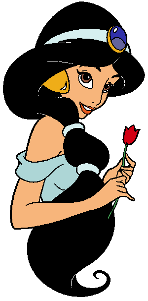 Jasmine from Disney's Aladdin holding a red tulip, wearing her iconic black headscarf and light blue top.