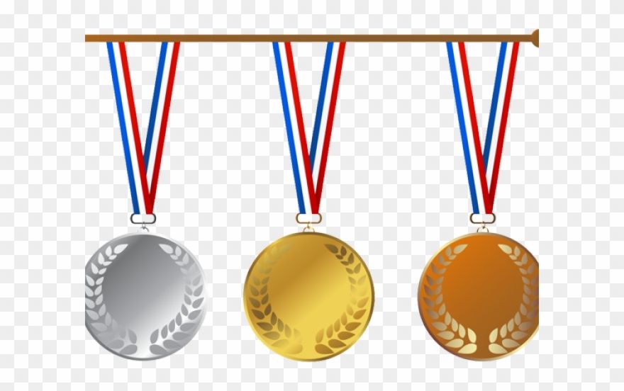 Three Olympic-style medals-gold, silver, bronze-hanging from red, white, and blue ribbons on a wooden bar.