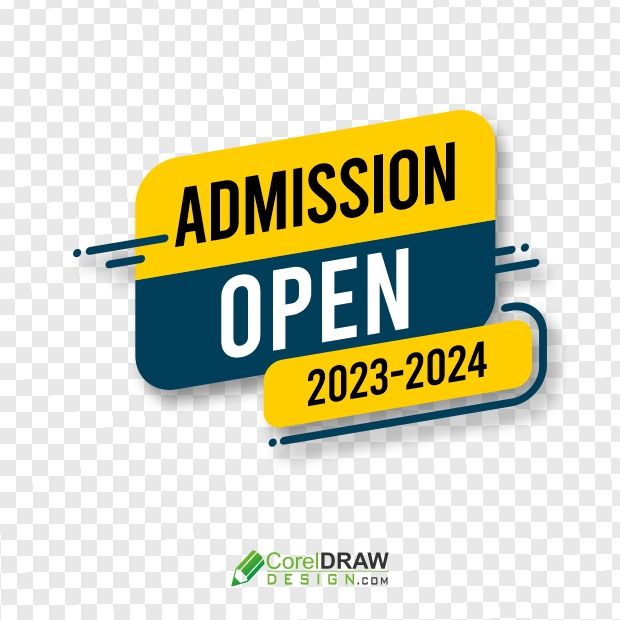 Admission Open 2023-2024 banner in yellow and navy blue with dynamic design elements.