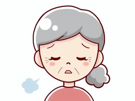 Elderly woman with gray hair looking unwell, cheeks flushed, eyes closed, with a puff of air or breath beside her.