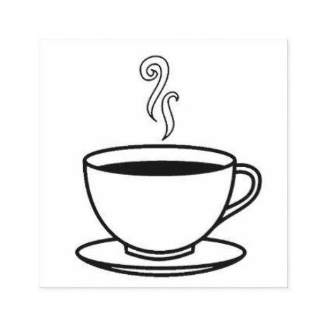 Simple line drawing of a steaming coffee cup on a saucer, black and white.