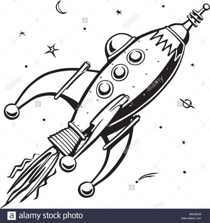 Retro-style black-and-white rocket ship soaring through space with stars, moon, and planets.