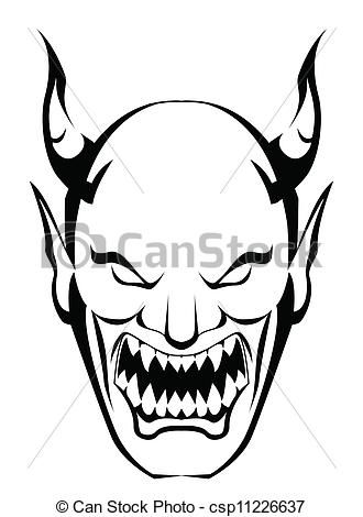 Black-and-white stylized devil face with sharp horns, menacing eyes, and jagged teeth in a fierce snarl.