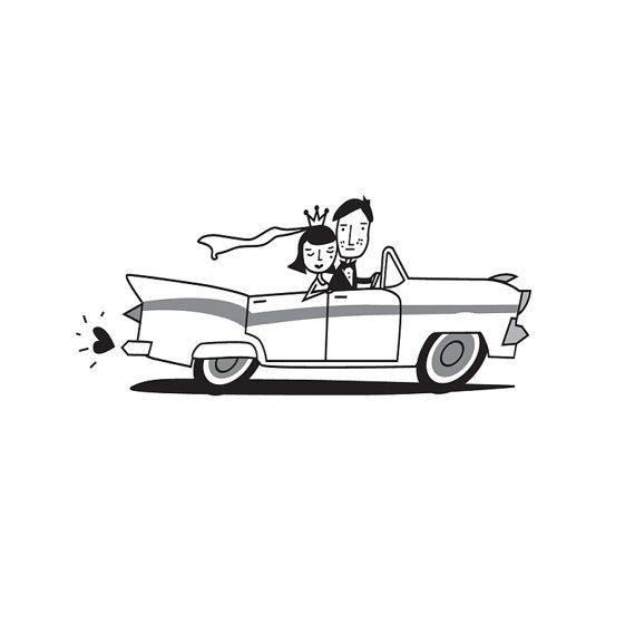 A cartoon couple in a vintage convertible, the woman wearing a crown and veil, heart-shaped exhaust puffing from the car.