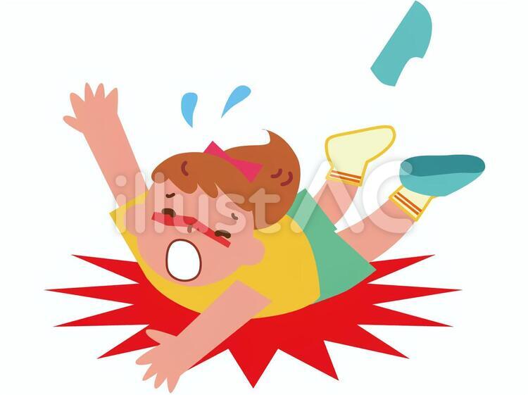 A cartoon child falling backward with arms flailing, shoes flying off, and a red impact burst beneath them-expressing shock and surprise.