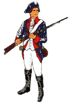 Revolutionary War soldier in tricorn hat, blue-red-white uniform, holding musket against green background.