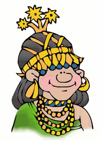 Cartoon illustration of a smiling Egyptian queen with golden headdress, beads, and earrings.