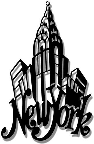 Stylized black-and-white illustration of the Chrysler Building with "New York" in cursive script below.