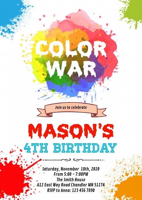 Color War themed birthday invitation for Mason’s 4th birthday with vibrant paint splashes and event details.