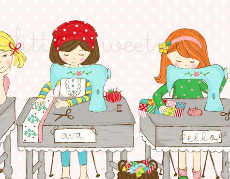Three girls sewing at machines with fabric, scissors, and thread; names "Ava" and "Bella" on desks.