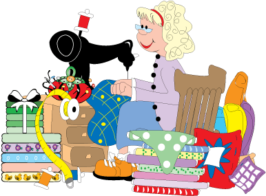 A cheerful blonde woman sews at a vintage black sewing machine, surrounded by colorful fabrics, gifts, and crafting supplies.
