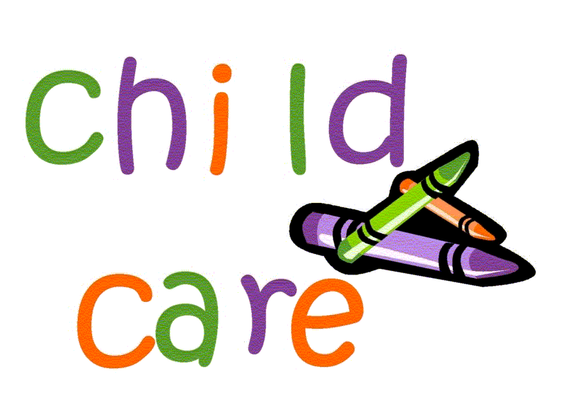 Colorful "Child Care" text with three crayons crossed beneath, symbolizing early education and creativity.