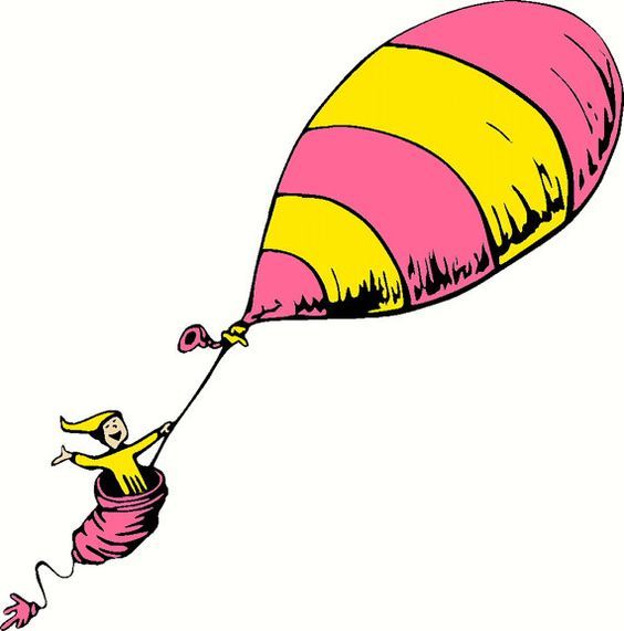 A joyful character in a pink dress floats skyward, held aloft by a large striped pink-and-yellow balloon.