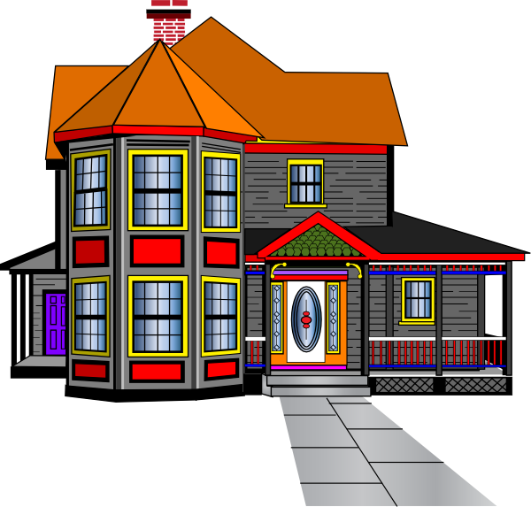 Colorful Victorian-style house with gray siding, red trim, bay window, and ornate front door.