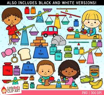Children learning measurement concepts with scales, weights, and everyday objects like food and toys; includes black and white versions.