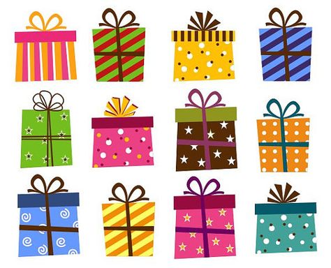 Twelve colorful illustrated gift boxes with patterned wrapping paper and decorative bows arranged in a 3x4 grid.
