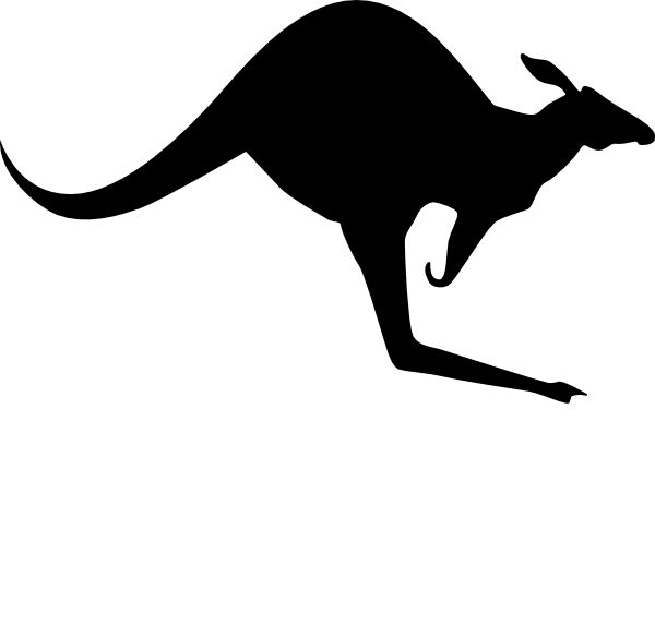 Black silhouette of a kangaroo mid-leap against white background.