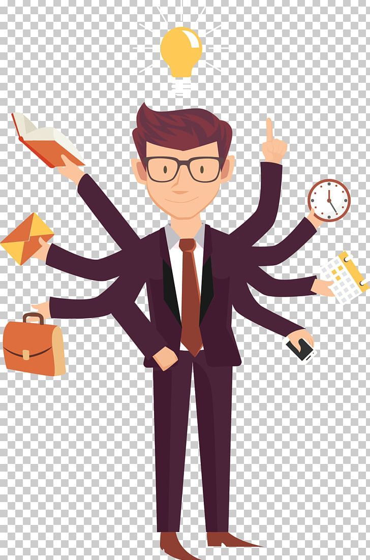 Multitasking businessman with eight arms holding briefcase, book, clock, phone, calendar, envelope, and pointing upward under a lightbulb.