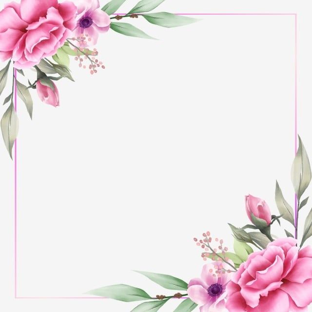 Watercolor pink peony floral frame with green leaves and delicate blossoms in top-left and bottom-right corners.