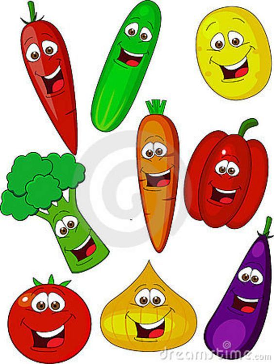 Cheerful cartoon vegetables with smiling faces: chili, cucumber, lemon, broccoli, carrot, bell pepper, tomato, onion, eggplant.
