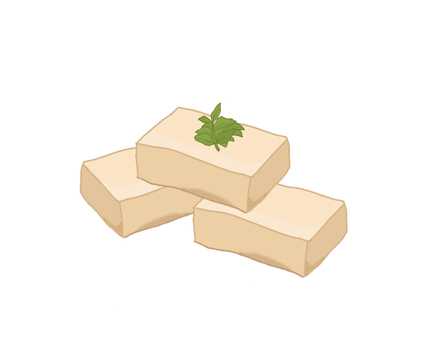 Three blocks of fresh tofu garnished with a sprig of green herb on a white background.