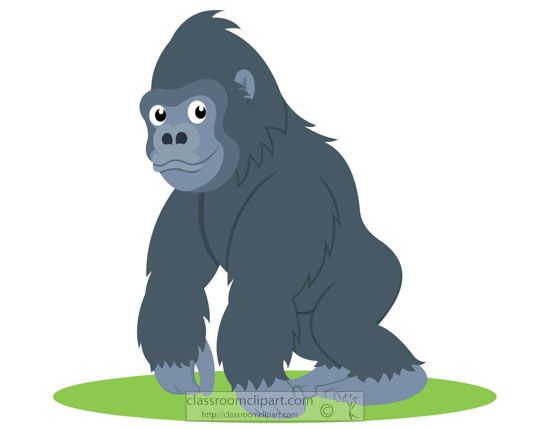 Cartoon illustration of a friendly-looking gorilla sitting on green grass against white background.