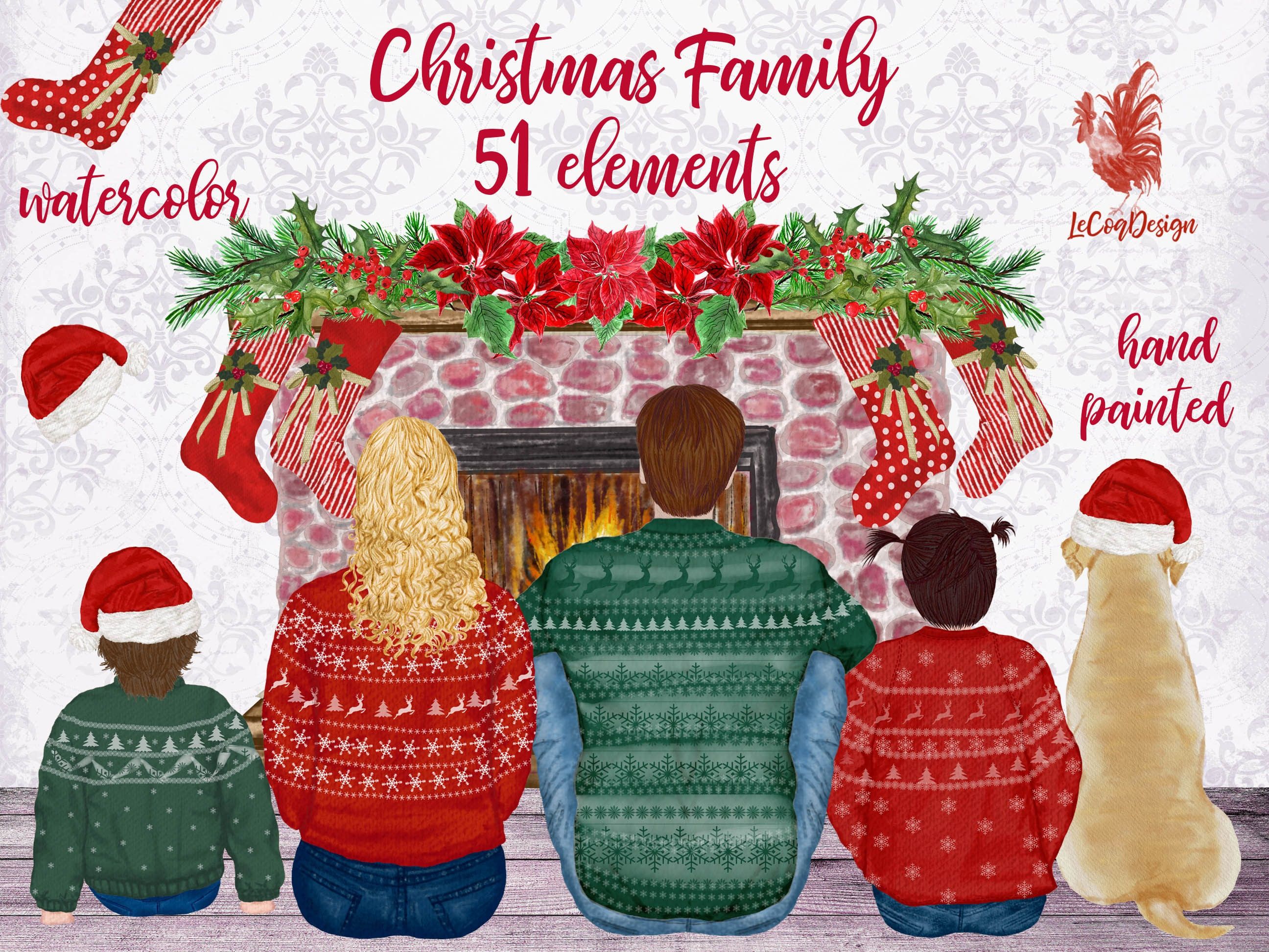 Watercolor illustration of a family and dog in Christmas sweaters sitting by a fireplace with stockings and poinsettias.