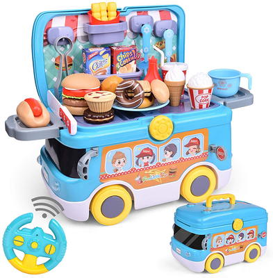 Blue toy food truck playset with pretend food, utensils, and remote steering wheel for kids' imaginative play.
