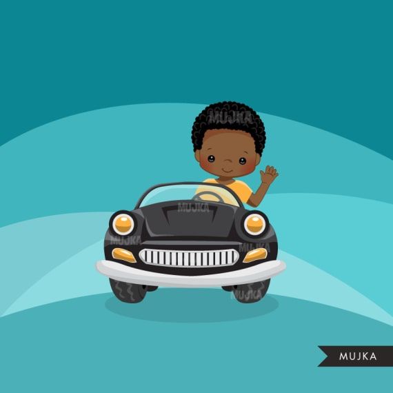 Smiling Black child waving while driving a classic black convertible car on a teal background.