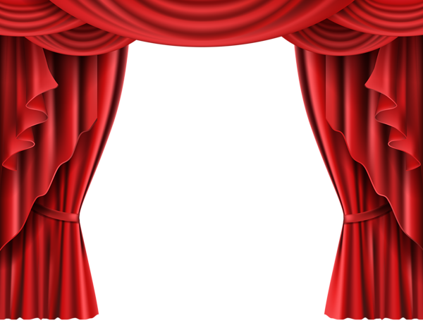 Rich red theatrical stage curtains parted to reveal a black void, evoking anticipation and drama.