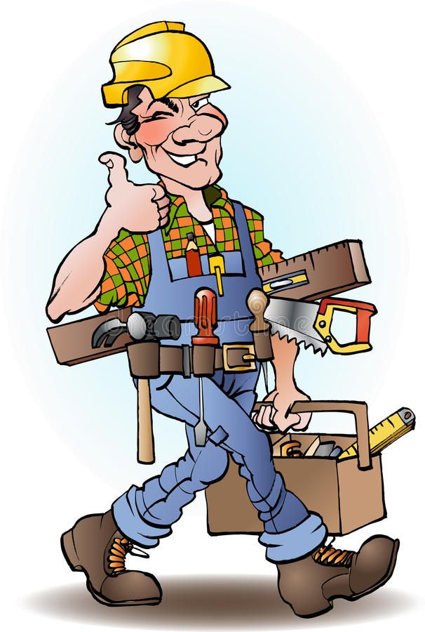 Cheerful cartoon handyman in yellow hard hat, overalls, and tool belt giving a thumbs-up while carrying tools and toolbox.