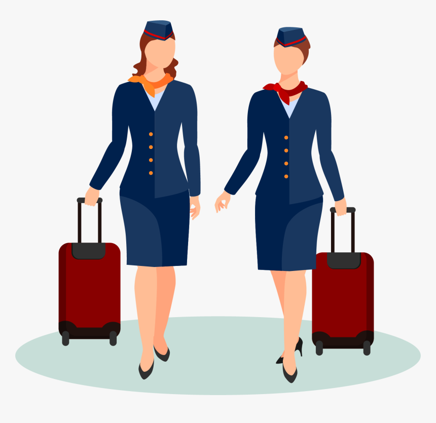 Two female flight attendants in navy uniforms with red scarves, each pulling a red rolling suitcase.